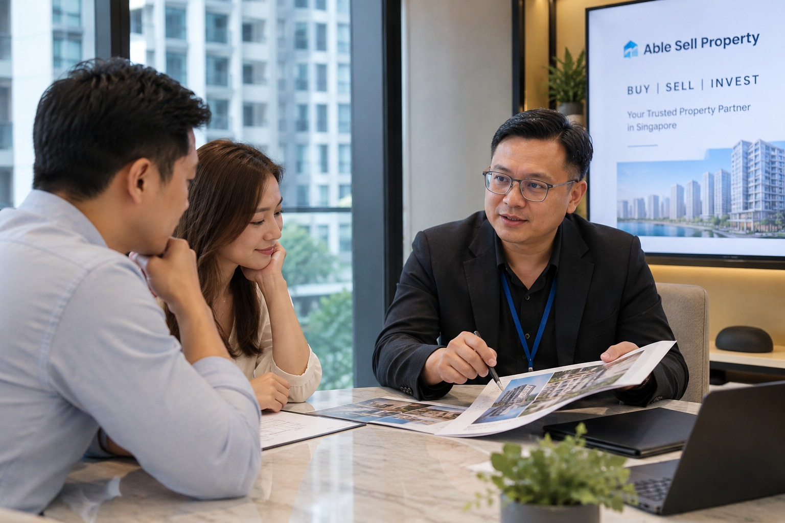 Able S.K Toh, an experienced property agent in Singapore, advising a couple on property options in a meeting room