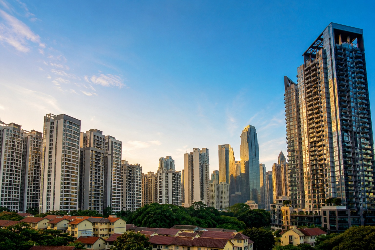 Singapore residential skyline with high-rise condos and low-rise homes at sunset, illustrating property valuation across housing types