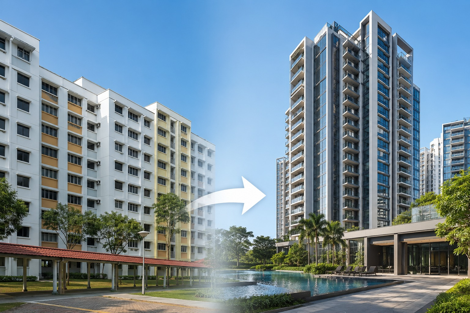 Side-by-side view of a Singapore HDB block and a modern private condominium with an arrow indicating the upgrade path from HDB to condo