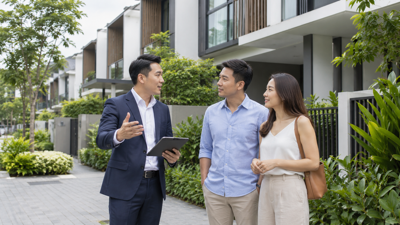Able S.K Toh, townhouse agent in Singapore, consulting with clients outside a modern townhouse development